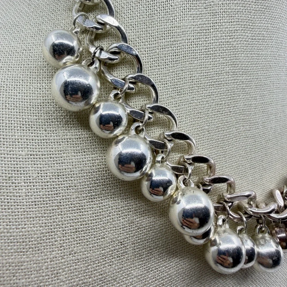 Silver Tone Ball Charm Fringe Chain Necklace Chunky Y2K Statement Jewelry Gift